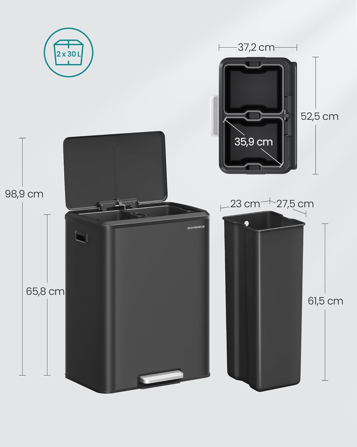 Detalle de SONGMICS LTB566B02 – Poubelle de cuisine double 2 x 30 L avec pédale, fermeture douce et seaux intérieurs