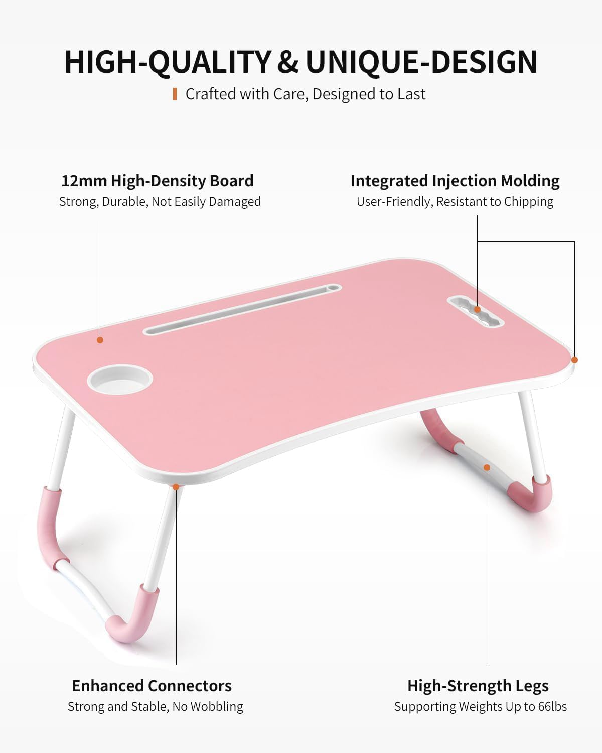 Detalle de FISYOD FIS03 Foldable Laptop Table, Light Pink, Cup Holder and Tablet Slot