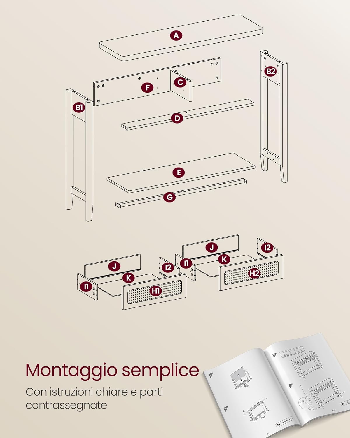 Thumbnail 6 de VASAGLE Consolle Ingresso LNT016Y57 – Tavolo Consolle Boho Beige Rovere con 2 Cassetti