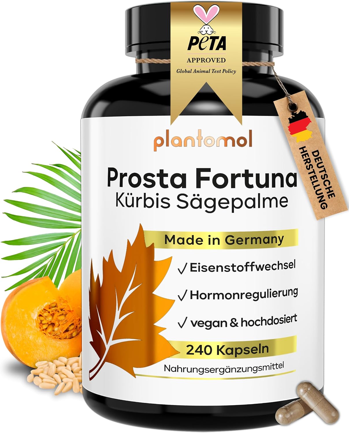 Detalle de 9-fach Komplex Prosta Fortuna Kapseln Hochdosiert – Kürbiskern-Extrakt, Sägepalmen-Extrakt & Beta Sitosterol, 4 Monate