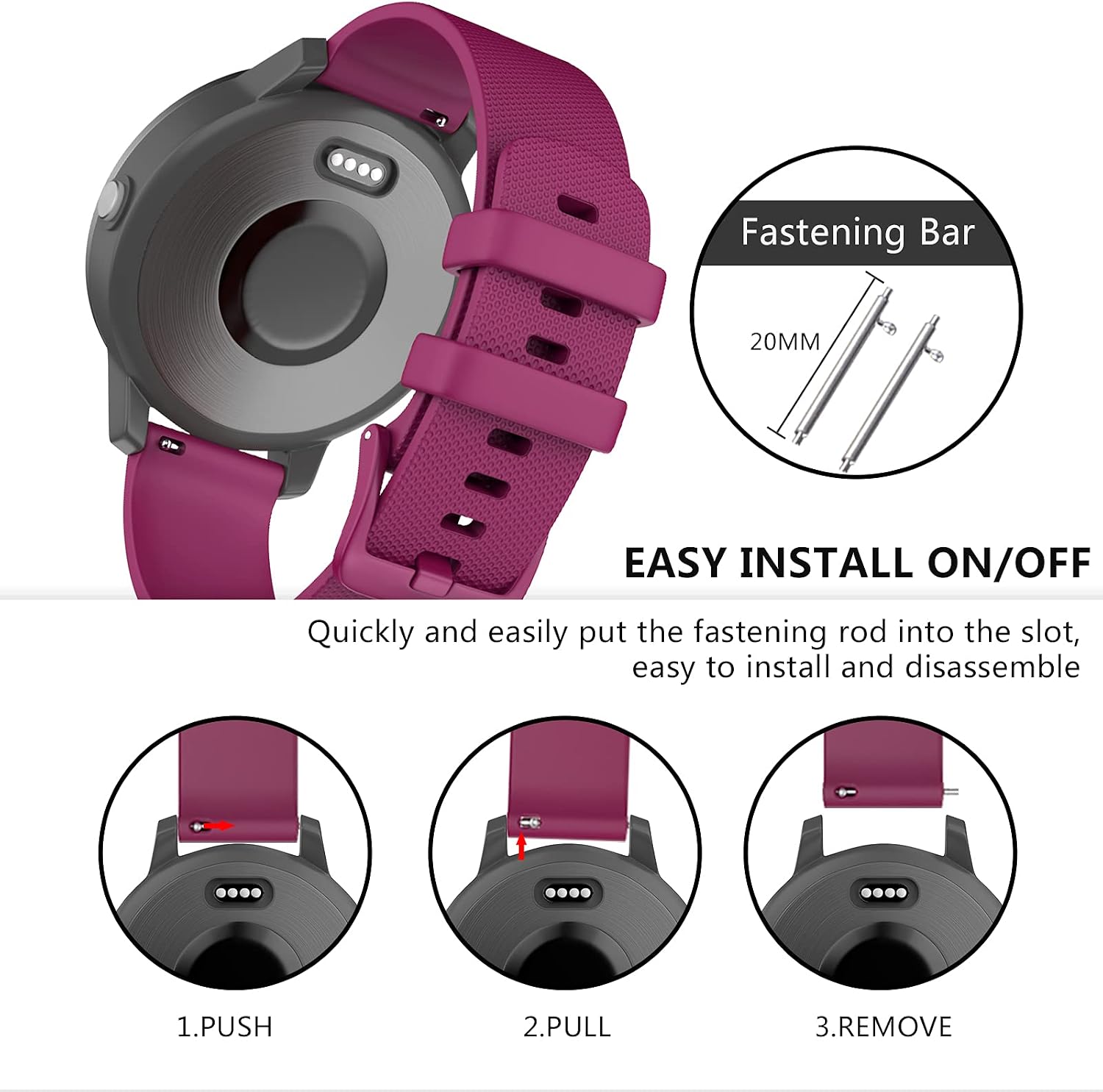 Detalle de OVERSTEP 20mm Soft Silicone Band for Garmin and Samsung Smartwatches (Wine Red)