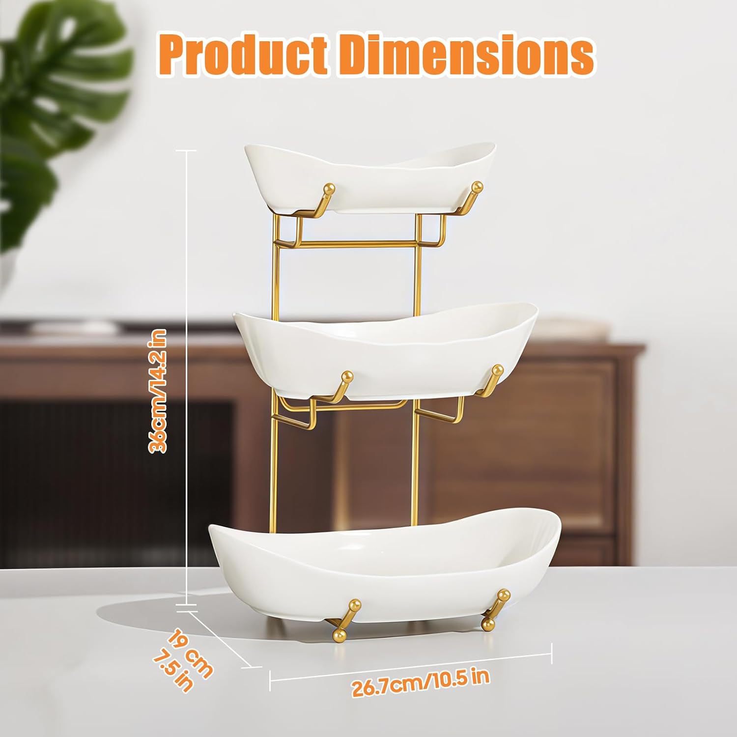 Thumbnail 4 de HOMKULA 3-Tier Ceramic Fruit Bowl with Gold Metal Stand (Small)