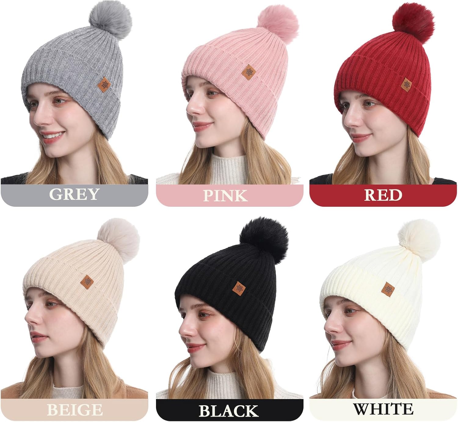 Thumbnail 4 de Luckyan Women Winter Knitted Beanie Hat with Faux Fur Pom – Double Layer Fleece, UK Sizing