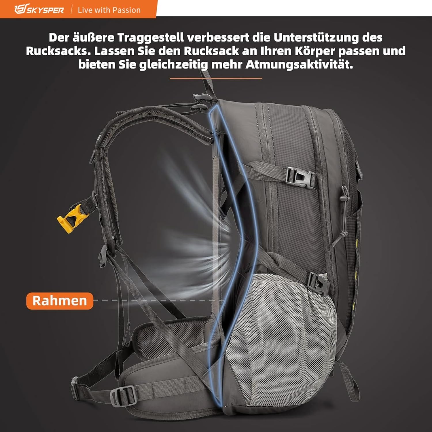 Detalle de SKYSPER Wanderrucksack 30L – Trekkingrucksack wasserfest mit Rückenbelüftung, Hüftgurt und Netzrücken