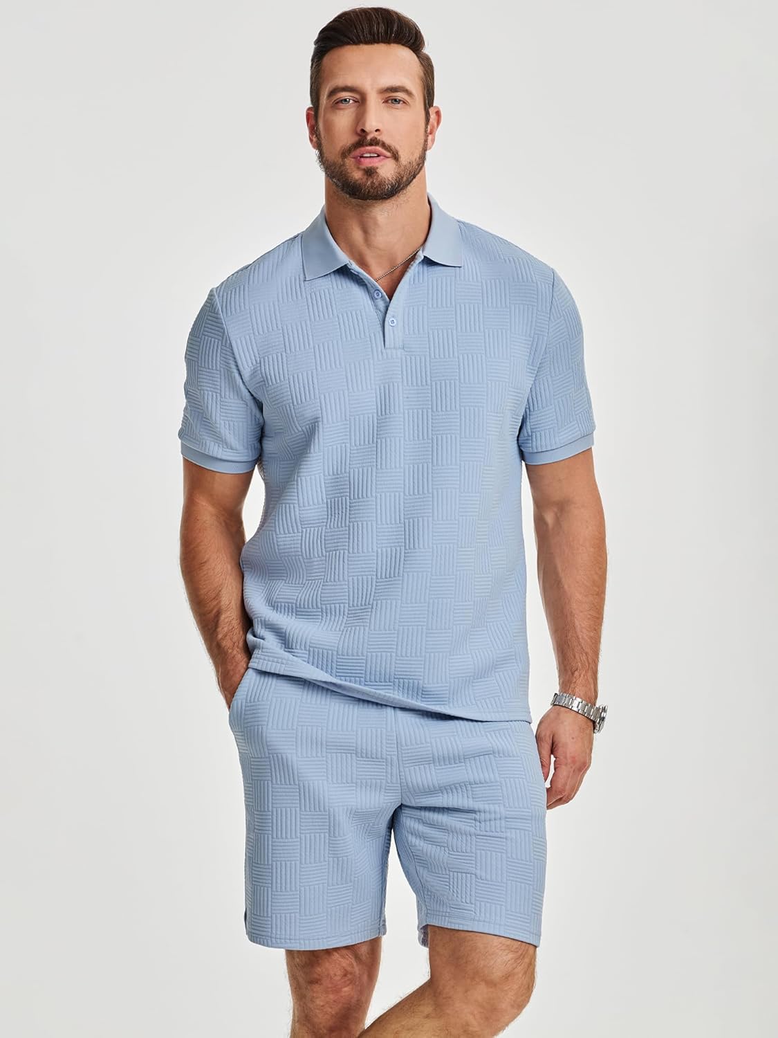 Detalle de JMIERR Jogginganzug Herren Set – 2-teiliges Sommer-Trainingsoutfit aus Elasthan-Polyester, Polo-Shirt & kurze Hose