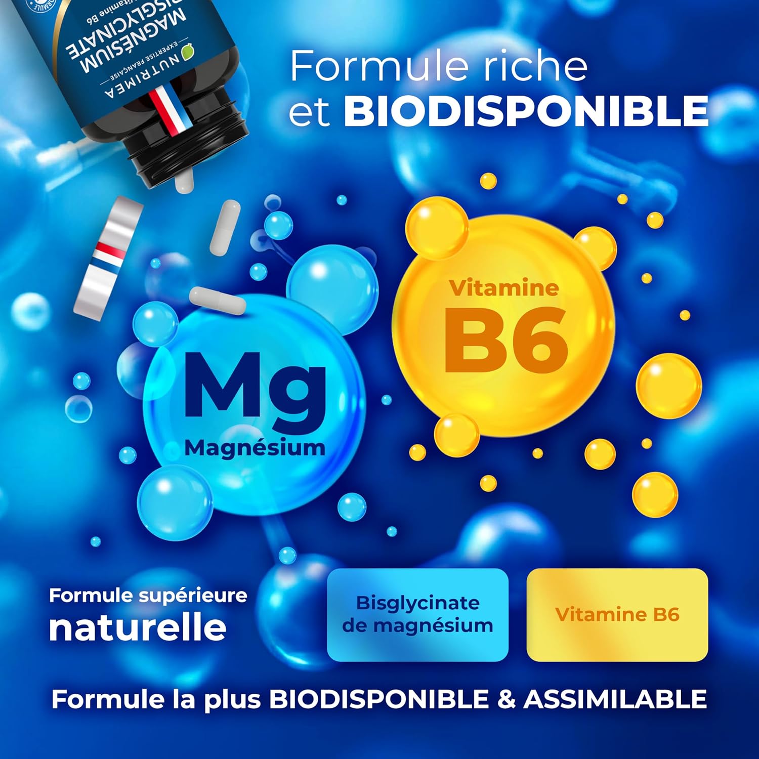 Detalle de Nutrimea Magnésium Bisglycinate + Vitamine B6 (90 gélules vegan) – Sommeil, stress et fatigue
