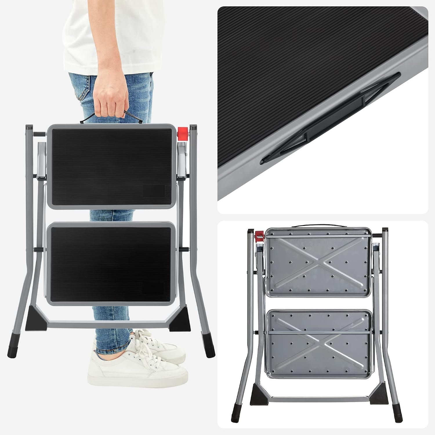 Thumbnail 5 de SONGMICS GSL002GY01: Escalera de 2 peldaños plegable, 150 kg, acero, 20 cm de ancho de marcha