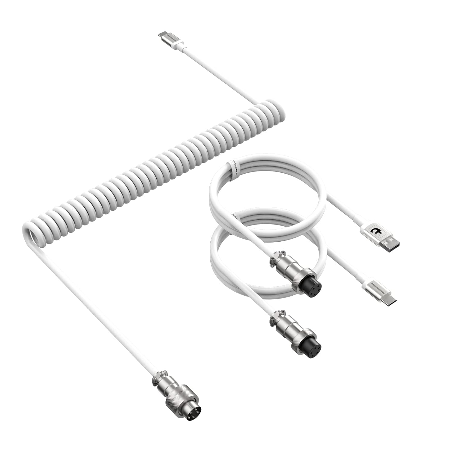 Detalle de ZIYOU LANG 2 in 1 Custom Coiled USB C to A and C Cable with Detachable Extendable Double Sleeve Spiral, Aviator Connector (White)