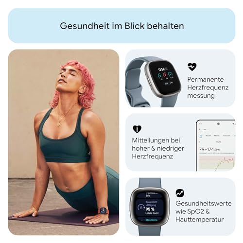 Detalle 2 de Fitbit Versa 4 Smartwatch mit Google Health Premium – Wasserfallblau/Platin, 6 Tage Akkulaufzeit