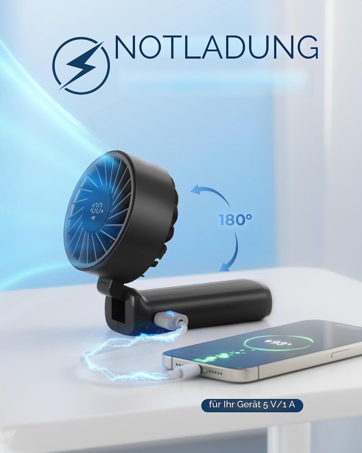Detalle de Peiyuu Handventilator: Kompakter 3-in-1 Mini-Ventilator mit 4000 mAh Akku