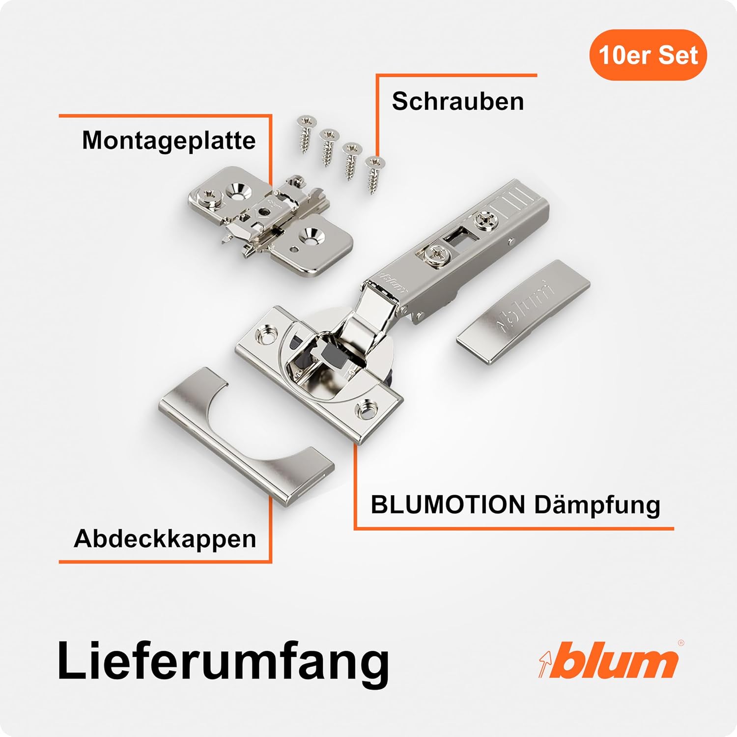 Detalle de BLUM 10x CLIP top BLUMOTION Möbelscharnier 110° – 35 mm Topf, 24 mm Türstärke, 3D-Verstellung