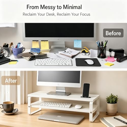 Detalle de DOMSHOCT Monitor Stand Riser with Phone Holder — 2 Tier Ergonomic Desk Accessory
