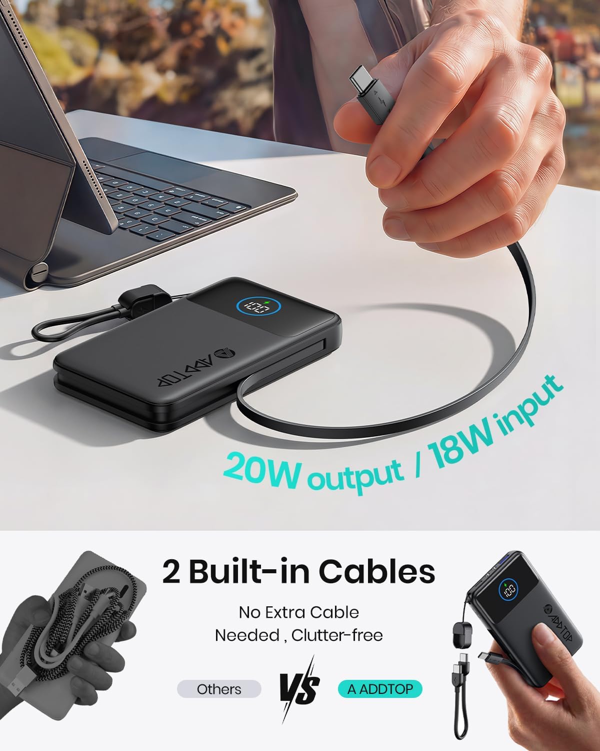 Thumbnail 2 de A ADDTOP UltraSlim 10000mAh Power Bank with built-in USB-C cables (22.5W fast charging)