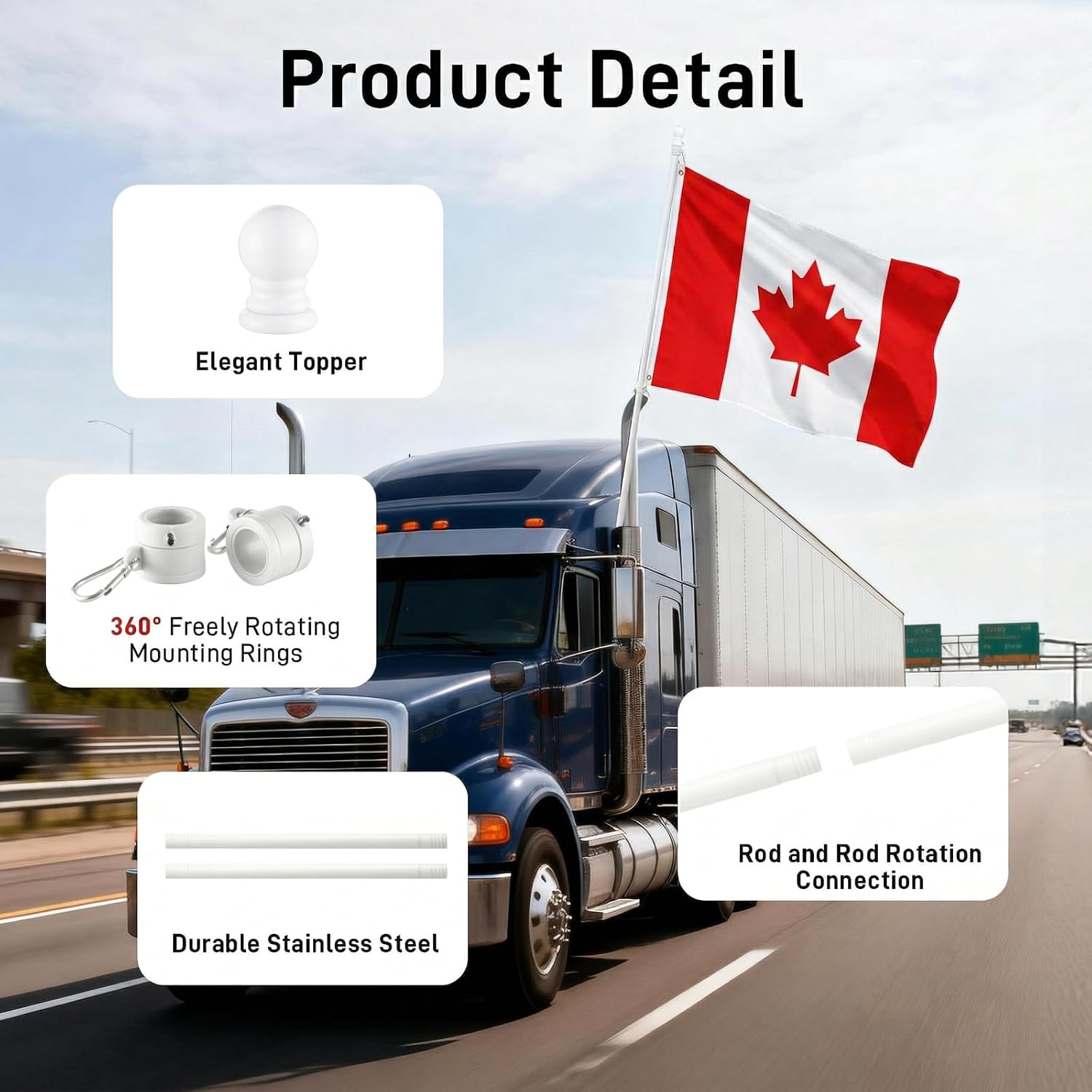Detalle 2 de SEEKNEW QG021-WH 6 ft Flag Pole Kit, White Stainless Steel, 45°/90° Bracket