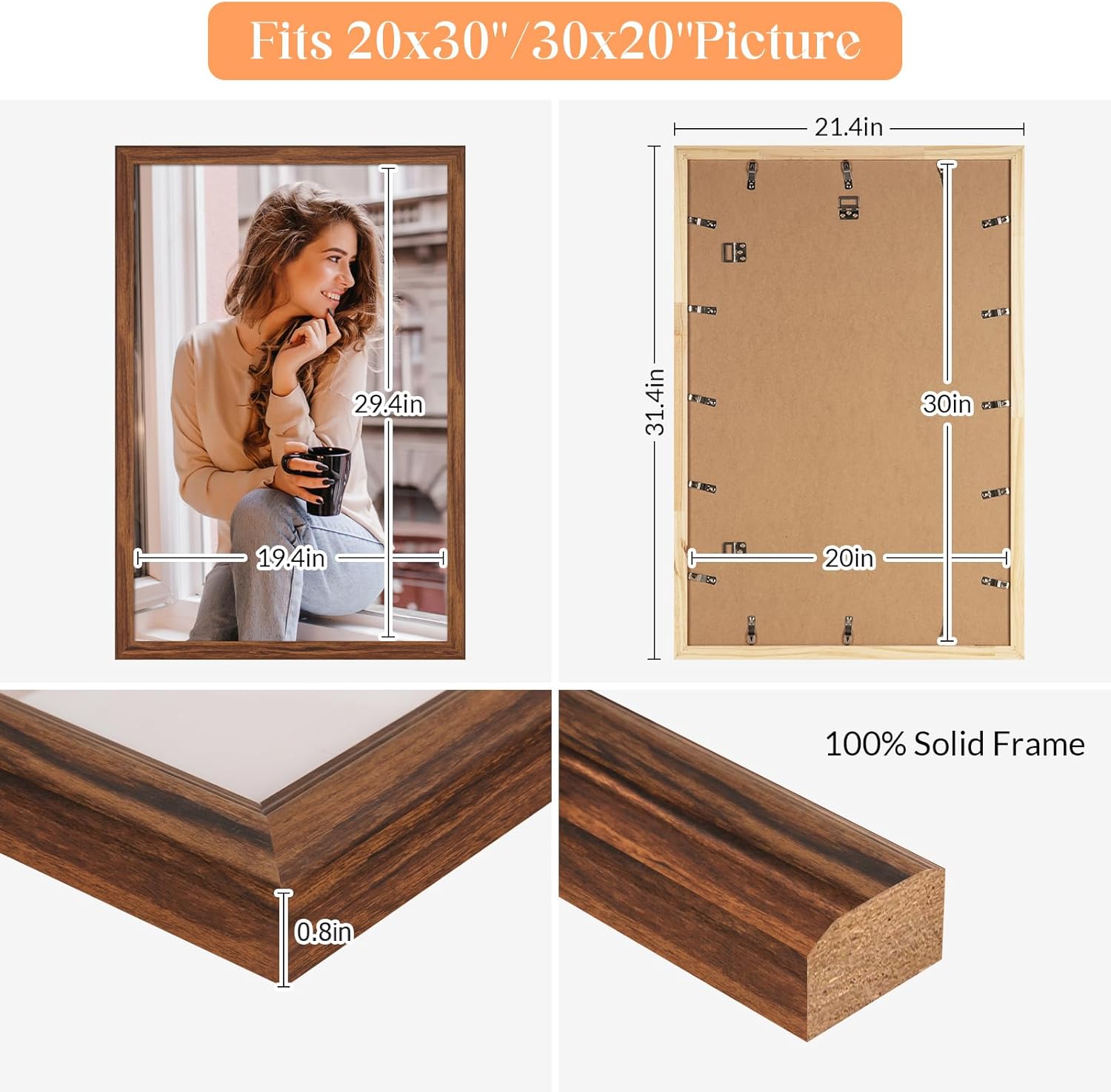 Thumbnail 4 de 20x30 Solid Wood Frame in Rustic Brown – Versatile 20x30/30x20 Gallery Frame