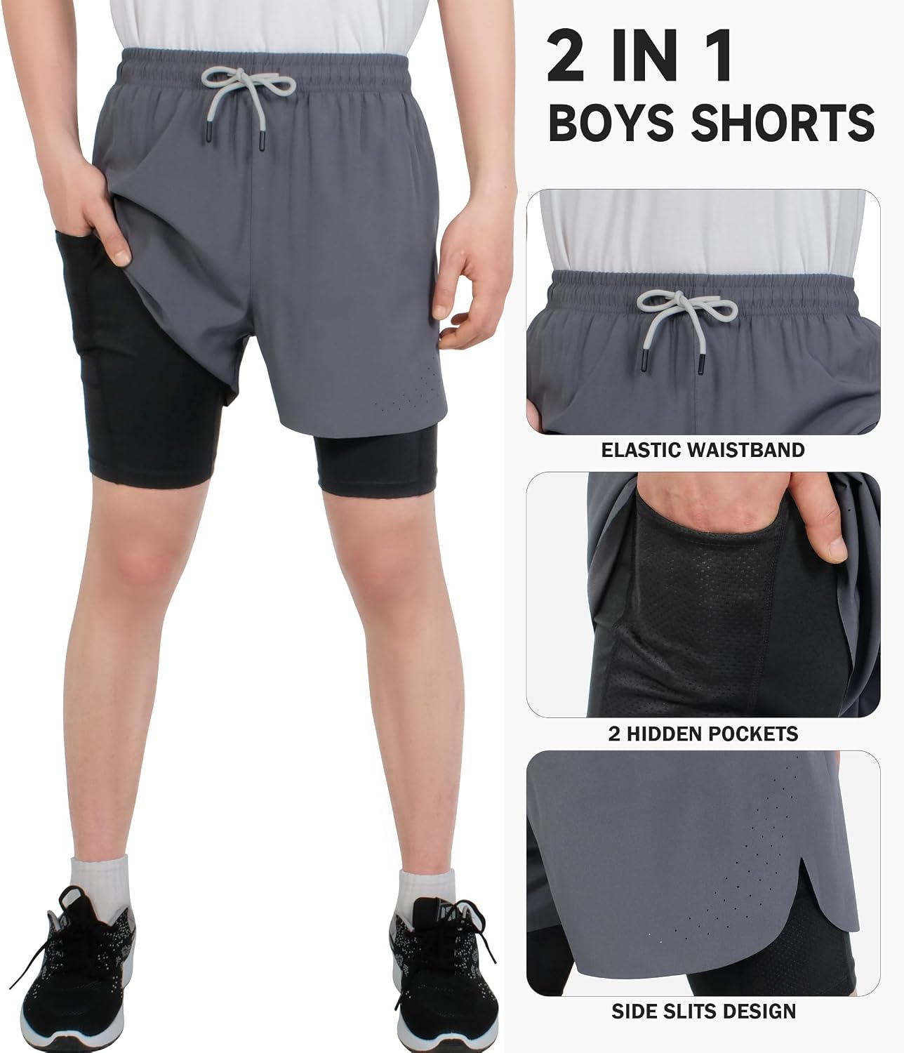 Detalle de TLAENSON Boys' 2-in-1 Running Shorts
