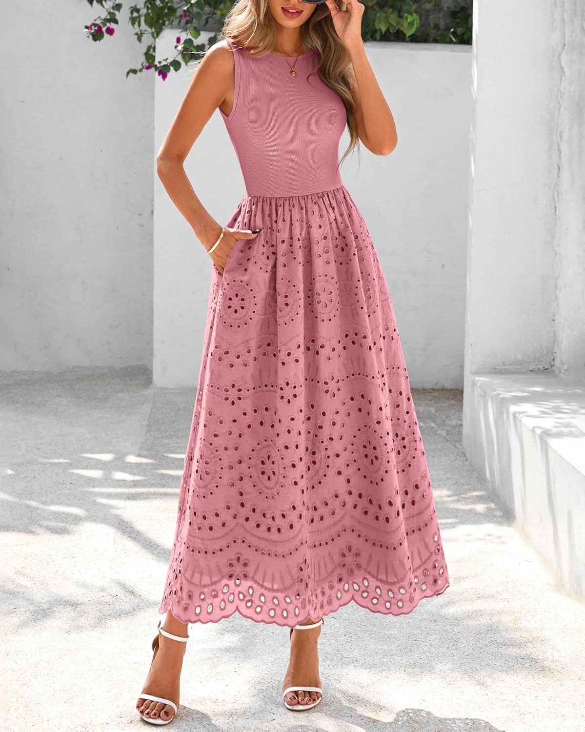 Detalle de Dowerme 2026 Boho Lace Eyelet Maxi Dress with Pockets – Sleeveless Crewneck A-Line