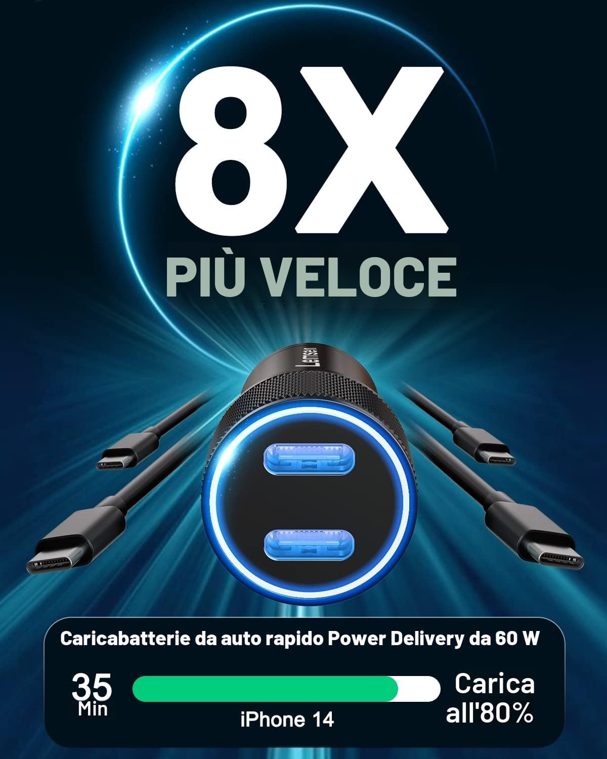 Detalle de Caricatore Auto 60W 2 Porte USB-C