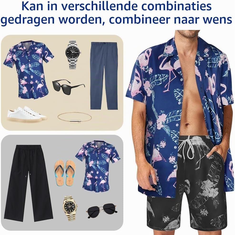Detalle de Aomig Hawaiiaans herenoverhemd met bloemenprint, korte mouwen en normale pasvorm