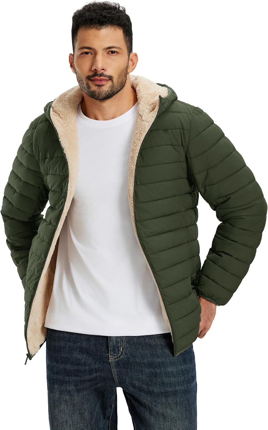 Detalle 2 de TACVASEN Men's Hooded Sherpa-Lined Puffer Jacket, Water-Resistant Polyester