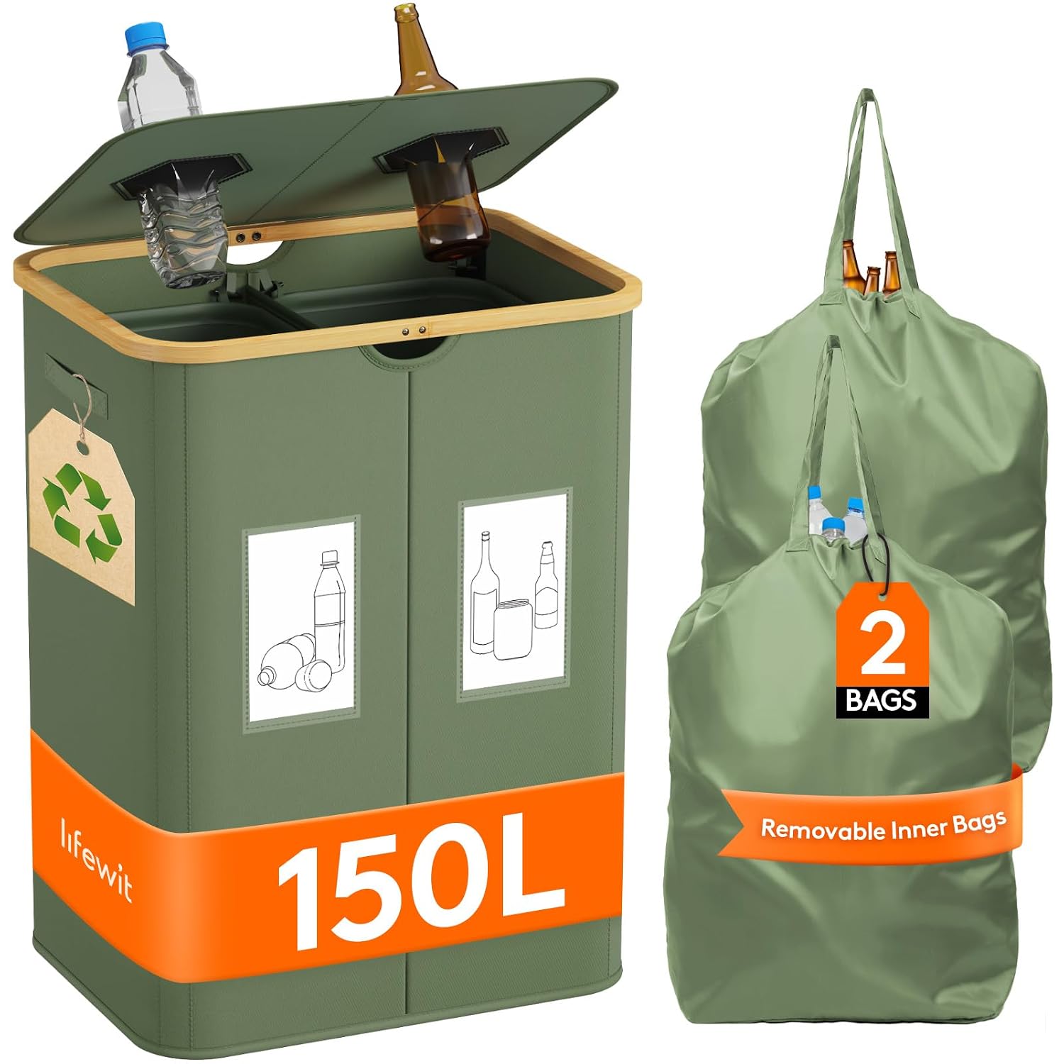 Detalle de Lifewit 150L Bottle Collector with 2 Compartments, Lid and Green Polyester Fabric
