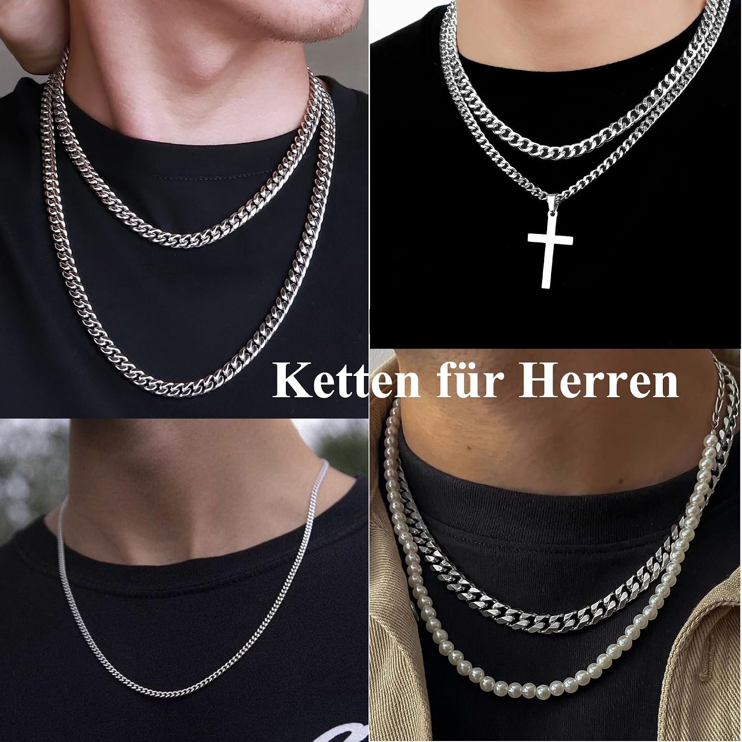 Detalle de FUNEIA Halskette Herren Edelstahl Panzerkette 46 cm, 4 mm – Silber, kubanische Gliederkette