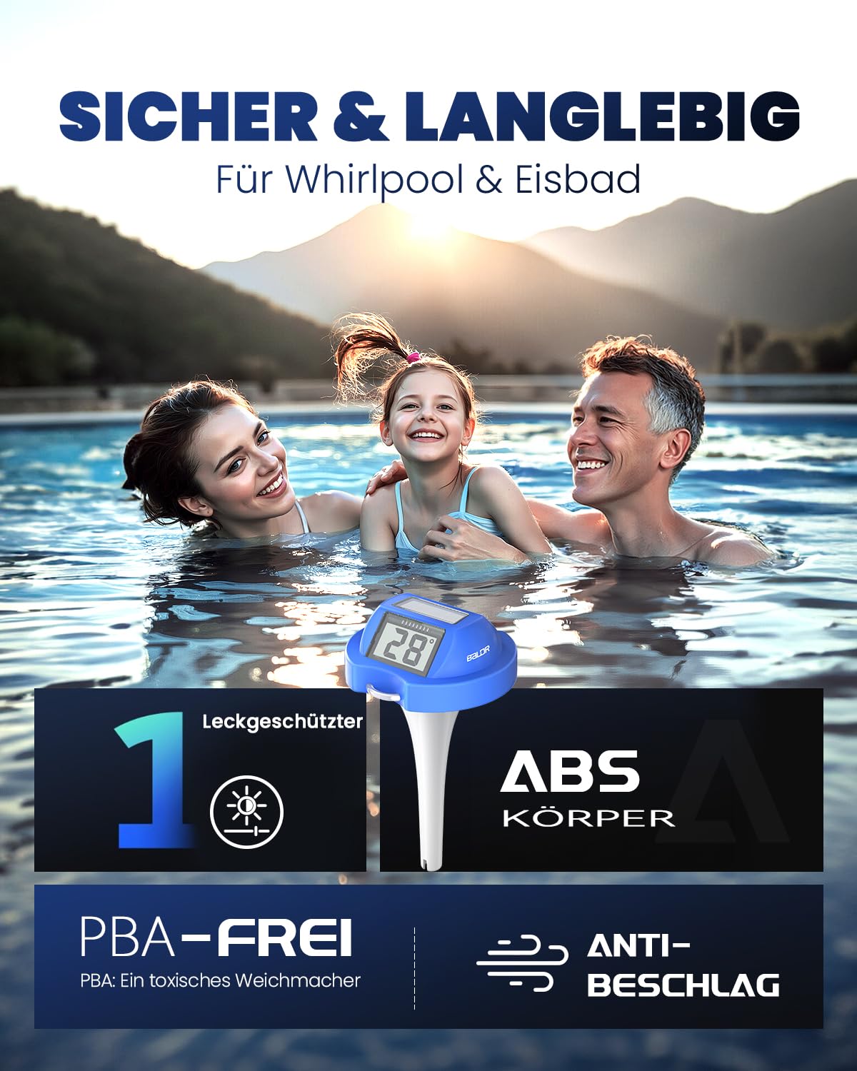 Detalle de BALDR Solar: Schwimmendes Temperaturmessgerät mit zwei großen Displays – IPX7, solarbetrieben für Pool, Spa und Gartenteiche (Dunkelblau)