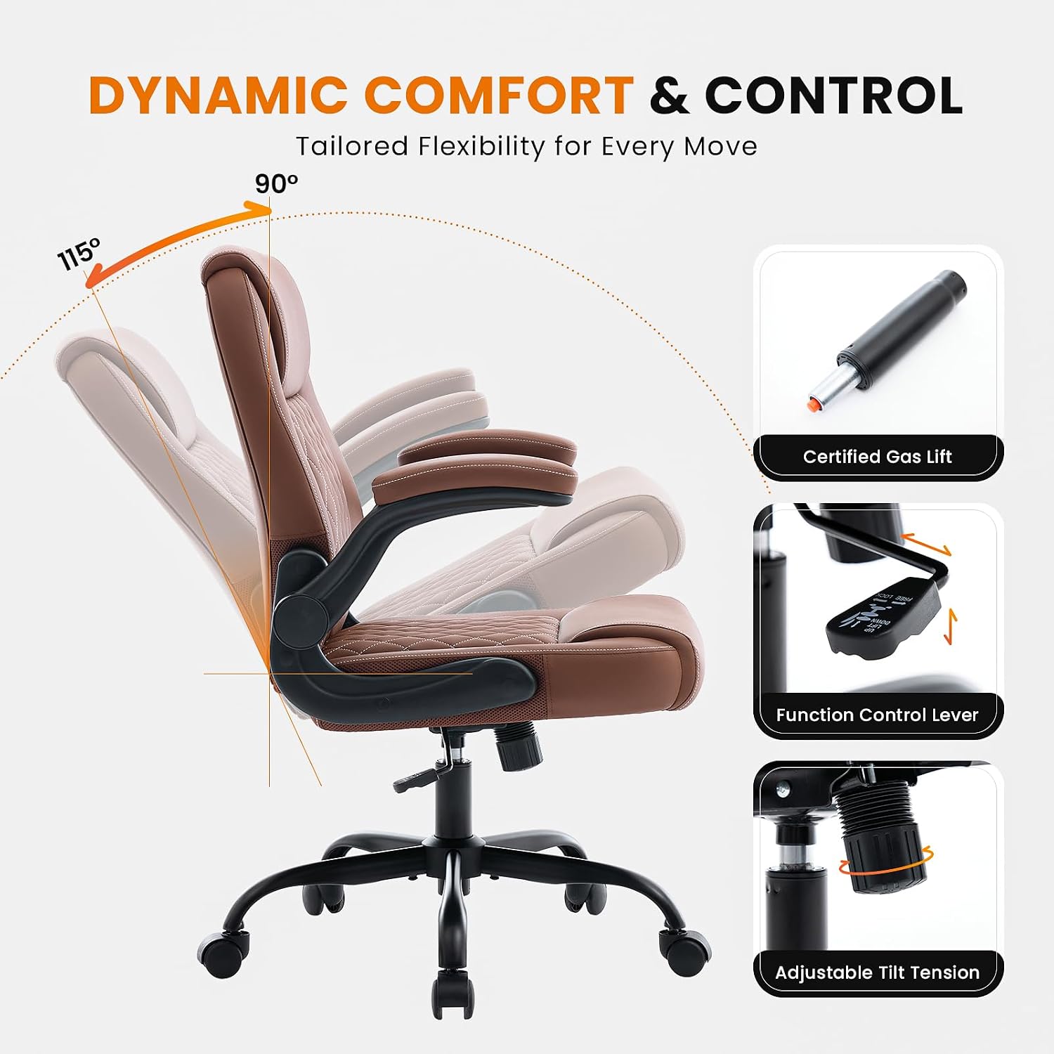 Detalle 1 de Deroavixe YZ-5272-BRN-US Executive Office Chair, Brown PU Leather, Flip-Up Arms