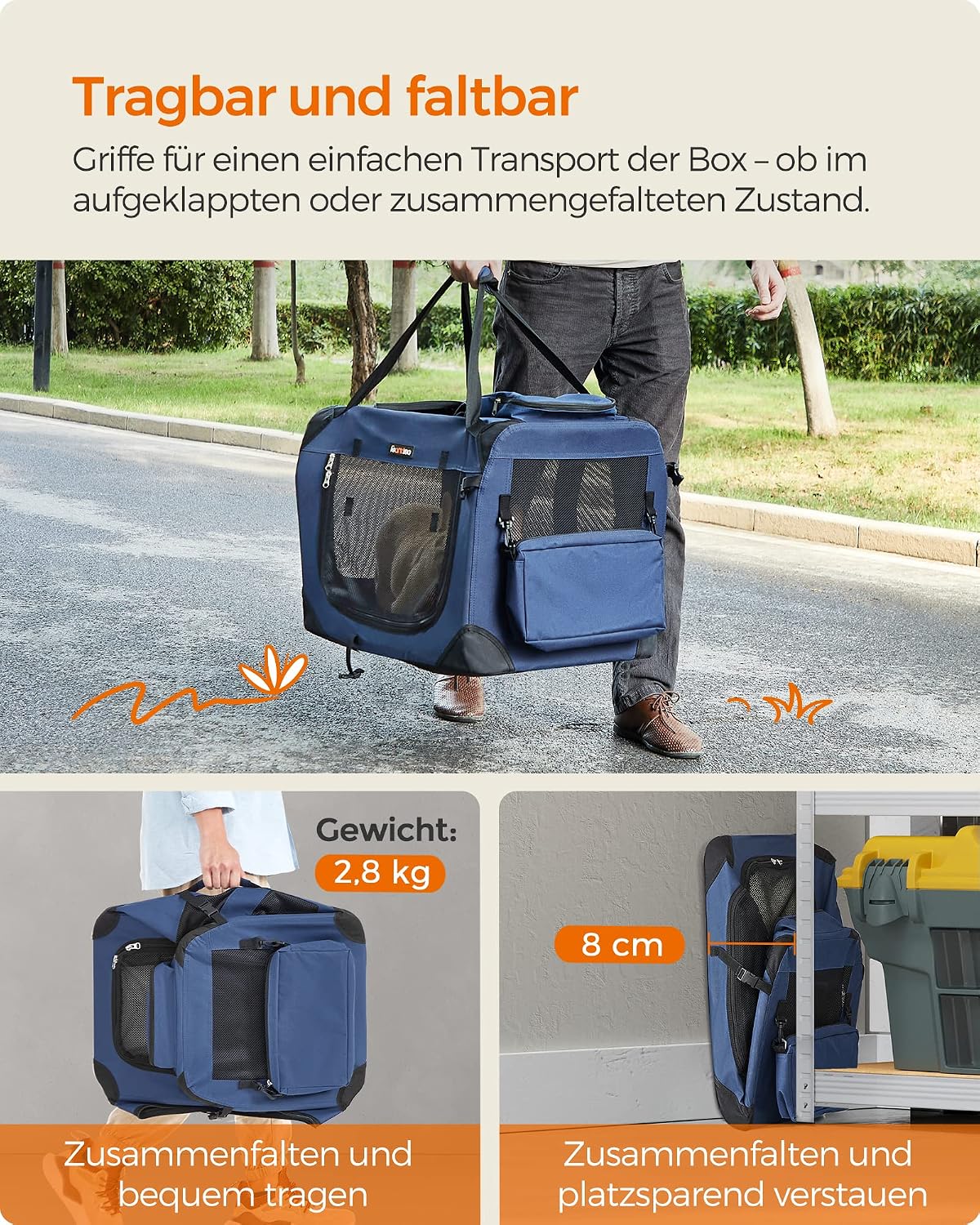 Detalle de Feandrea faltbare Hundebox M 60×42×42 cm – Transportbox mit Netzstoff, Metallrahmen und Tragegriffen (dunkelblau)