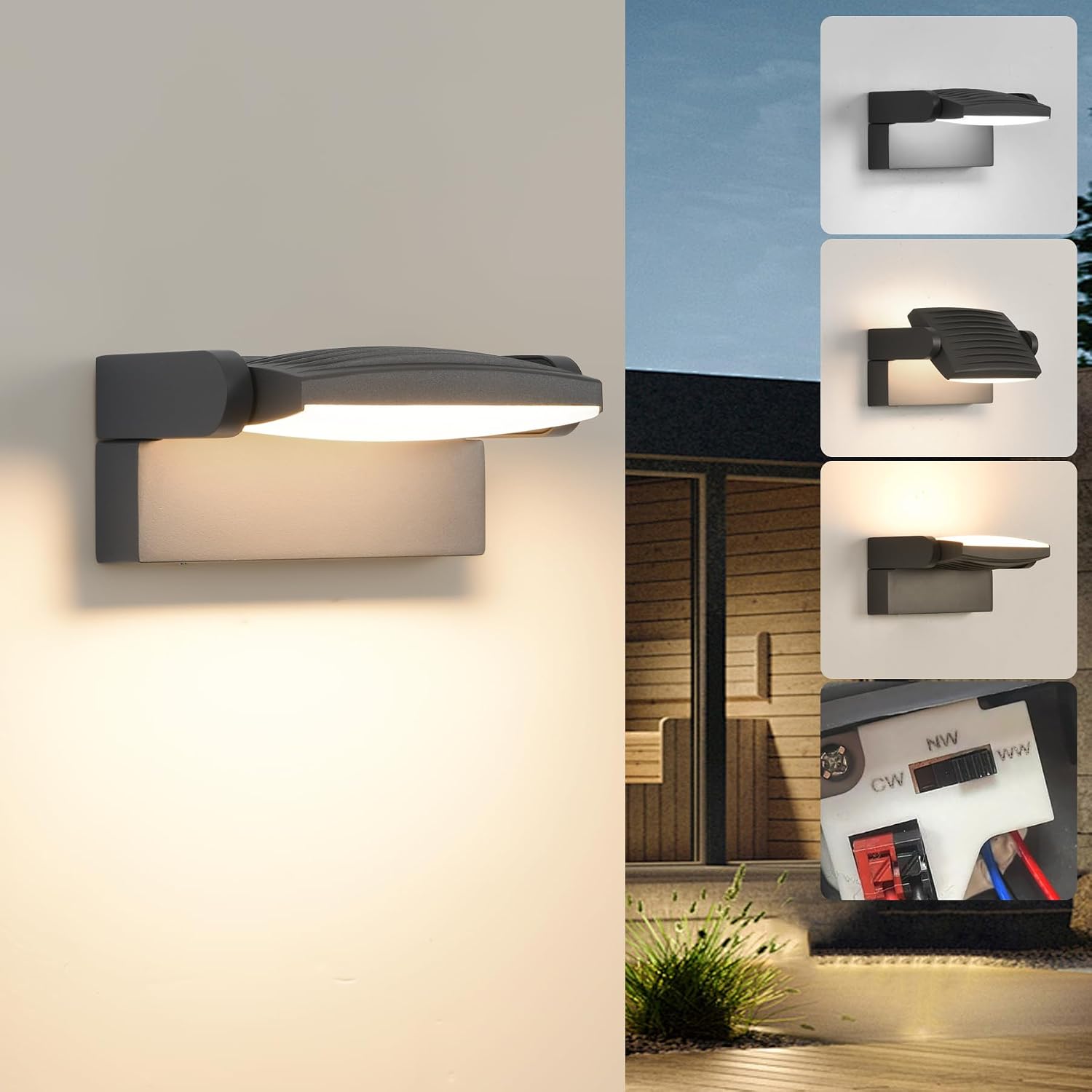 Detalle de SANSHI 12 W buitenwandlamp met draaibaar ledpaneel, IP65 en 3 lichtkleuren