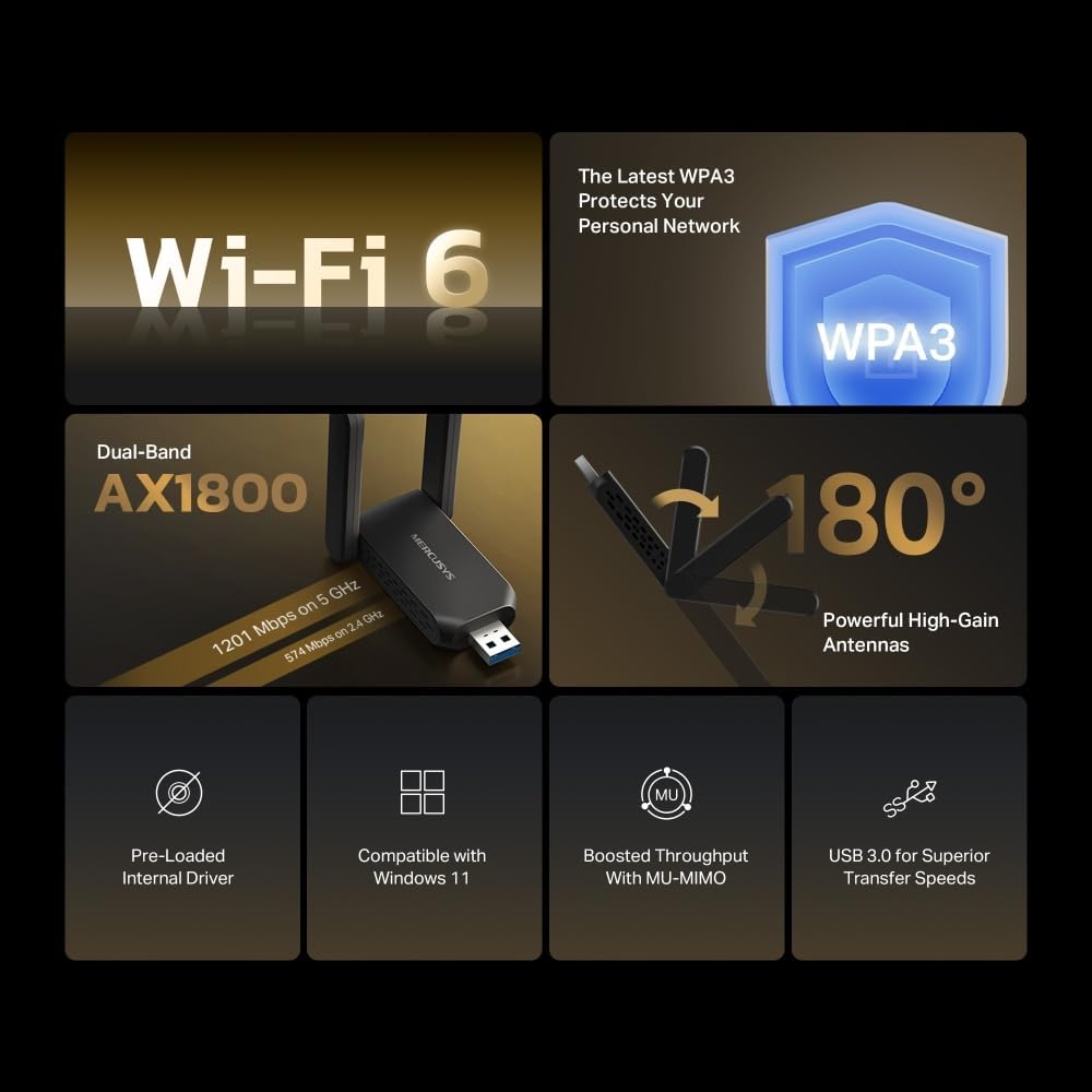 Thumbnail 1 de NEW MERCUSYS MA72XH AX1800 USB WiFi Dongle for PC