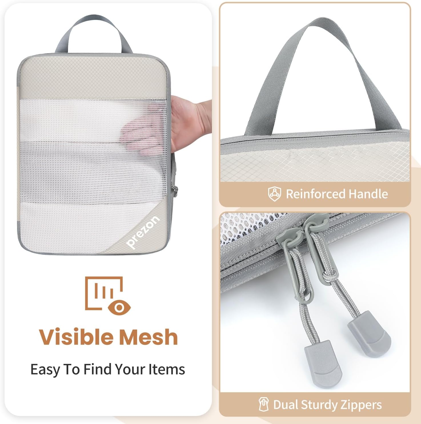 Detalle 2 de Prezon 6er Set Kompressions-Packwürfel (transparentes Design) – beige, platzsparender Gepäck-Organizer