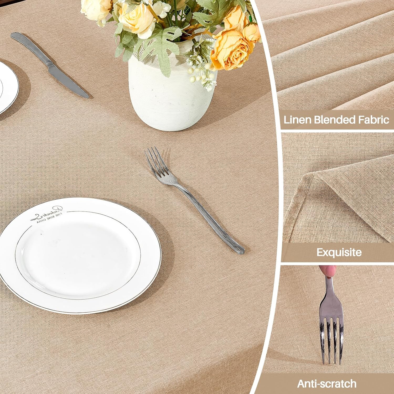 Detalle de IVAPUPU Textured Linen Table Cloth for Rectangle Tables – Khaki 60 x 84 Inch