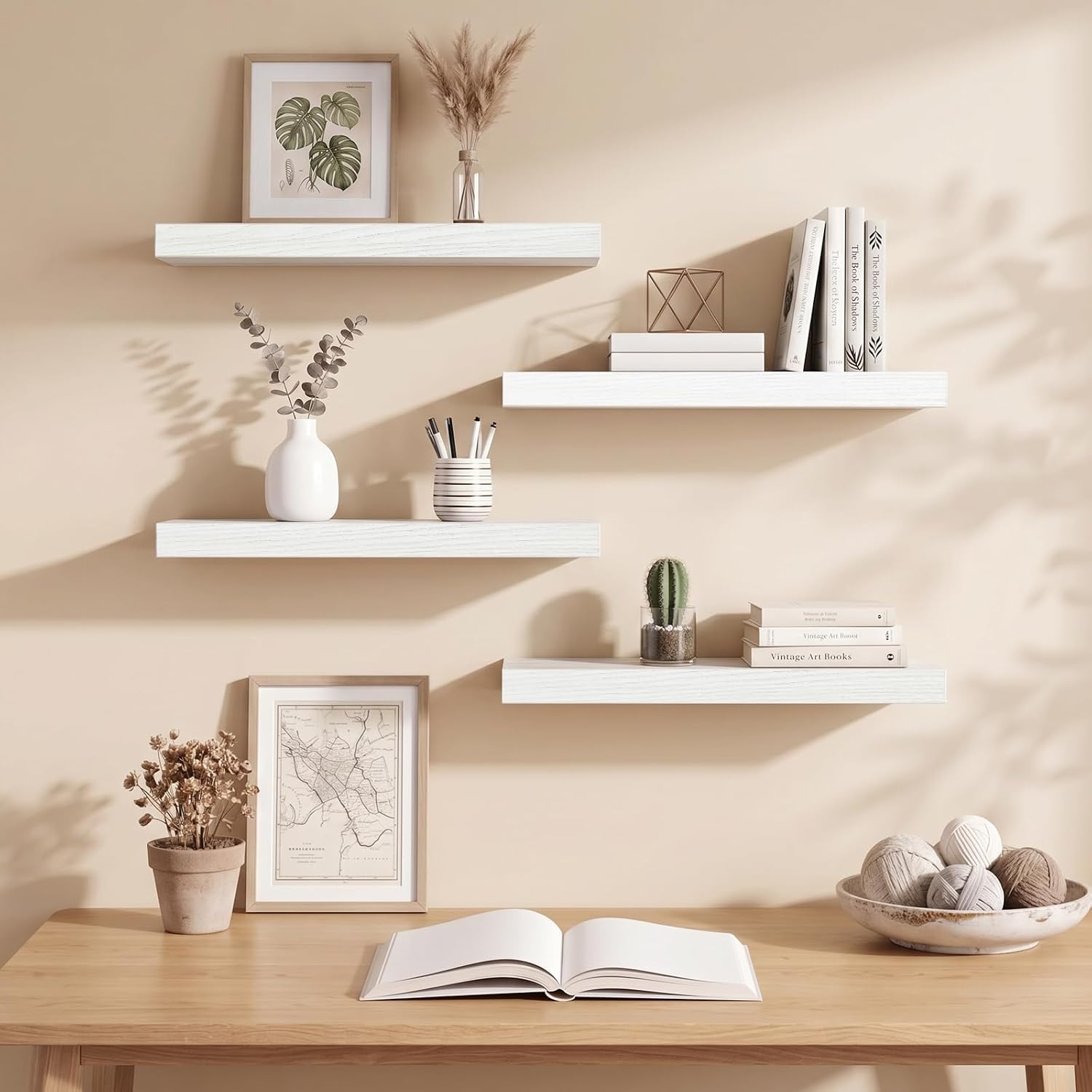 Thumbnail 6 de Fixwal White Floating Wall Shelves (Set of 4) with Invisible Brackets, 15.8in Rustic Wood Finish