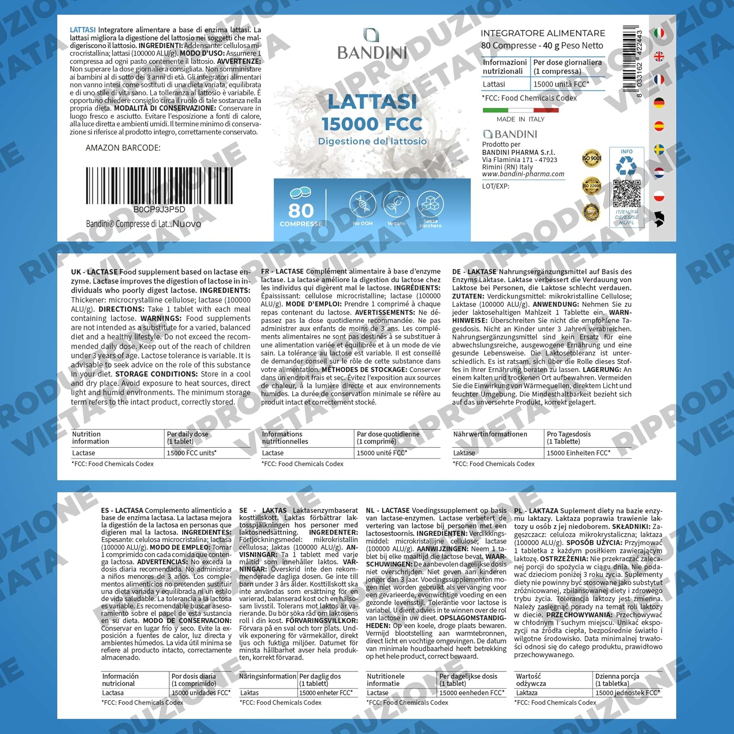 Detalle de BANDINI Lattasi lactasetabletten, 15.000 FCC, 80 stuks, langzame afgifte
