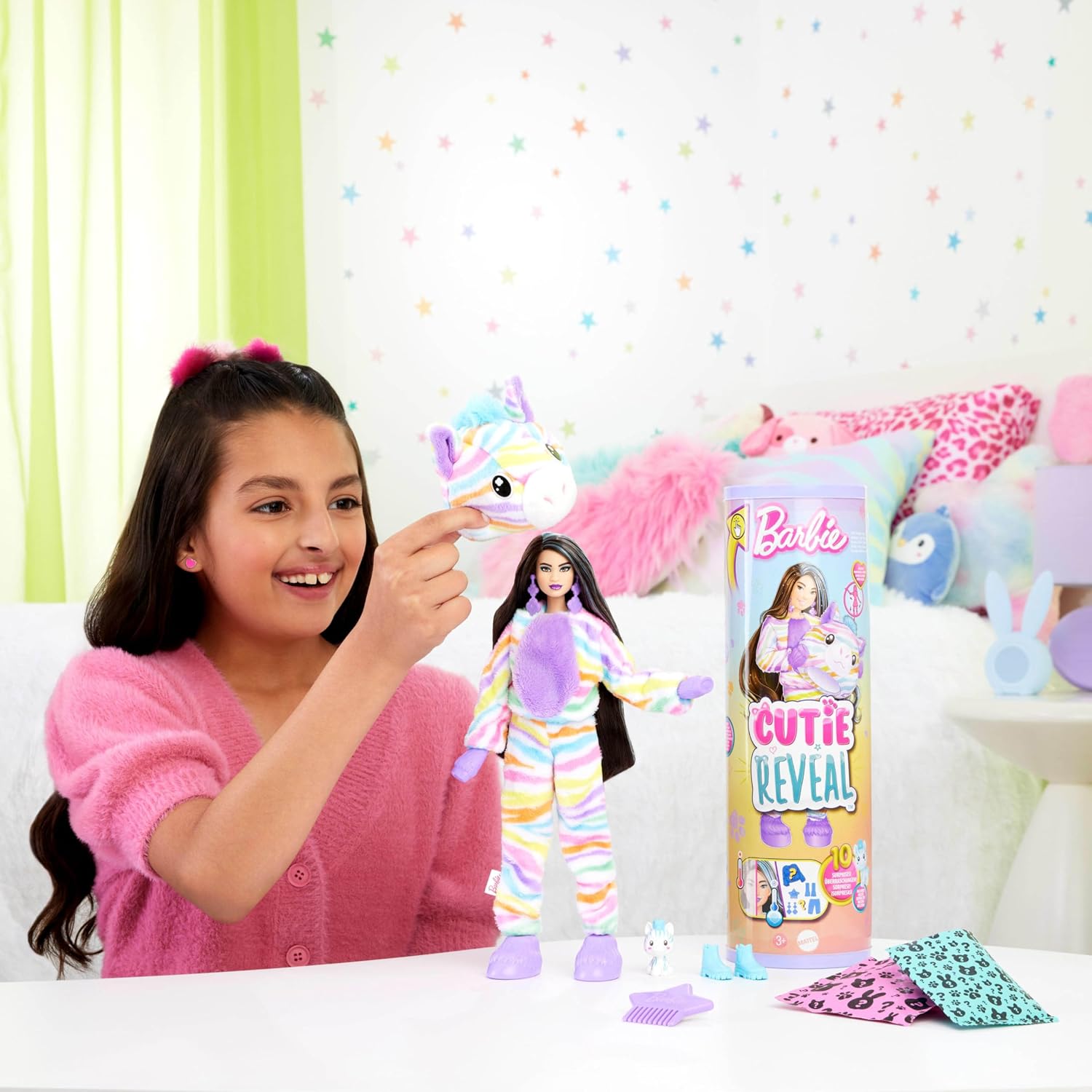 Thumbnail 1 de Barbie HRK39 Cutie Reveal-docka med regnbågsfärgad zebradräkt och tillbehör