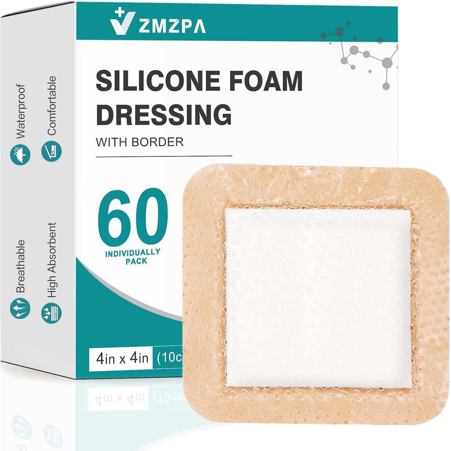 Detalle de ZMZPA Silicone Foam Wound Dressings, 4 x 4-Inch, Waterproof, Gentle Border