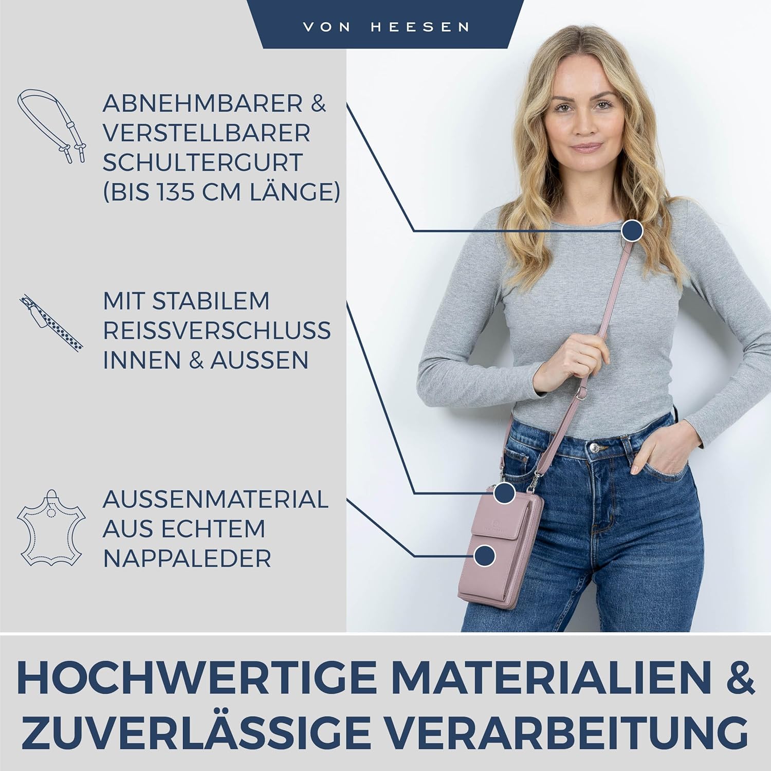 Thumbnail 3 de VON HEESEN Leder Handy-Geldbörse mit RFID-Schutz – Premium Lederhandytasche mit Münzfach