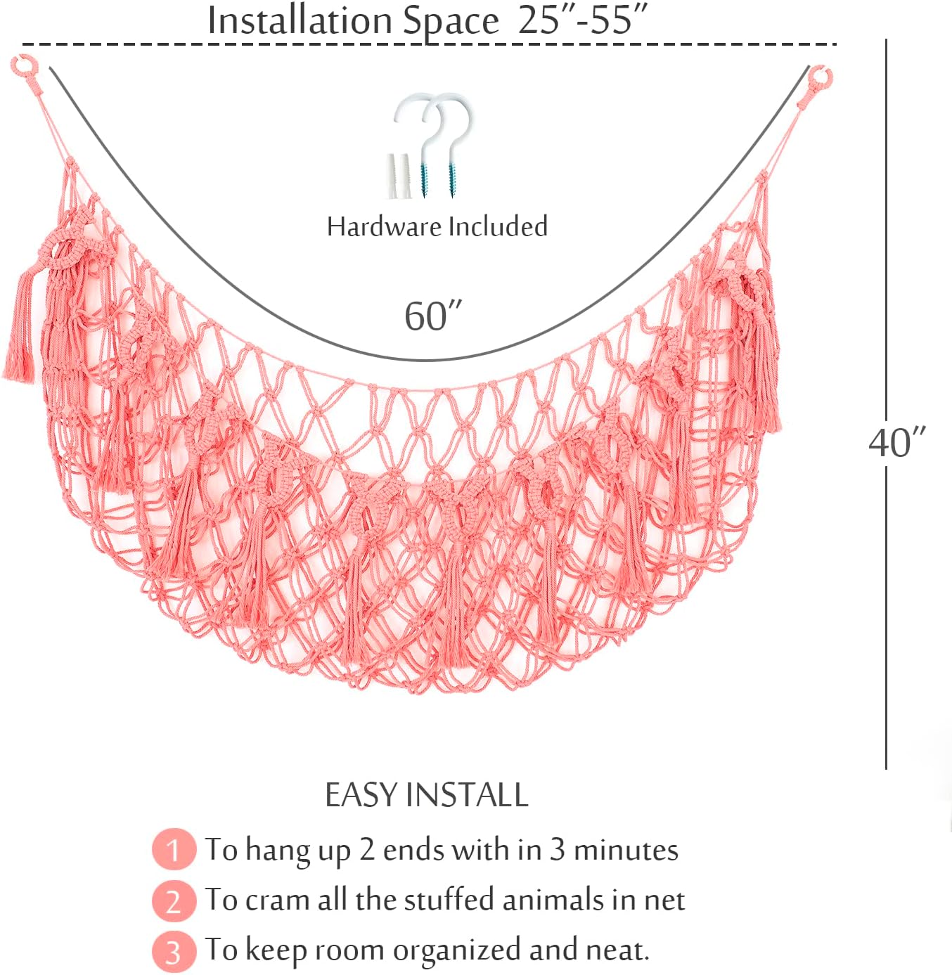 Thumbnail 4 de Diocos Pink Cotton Macrame Stuffed Animal Hammock for Wall Display