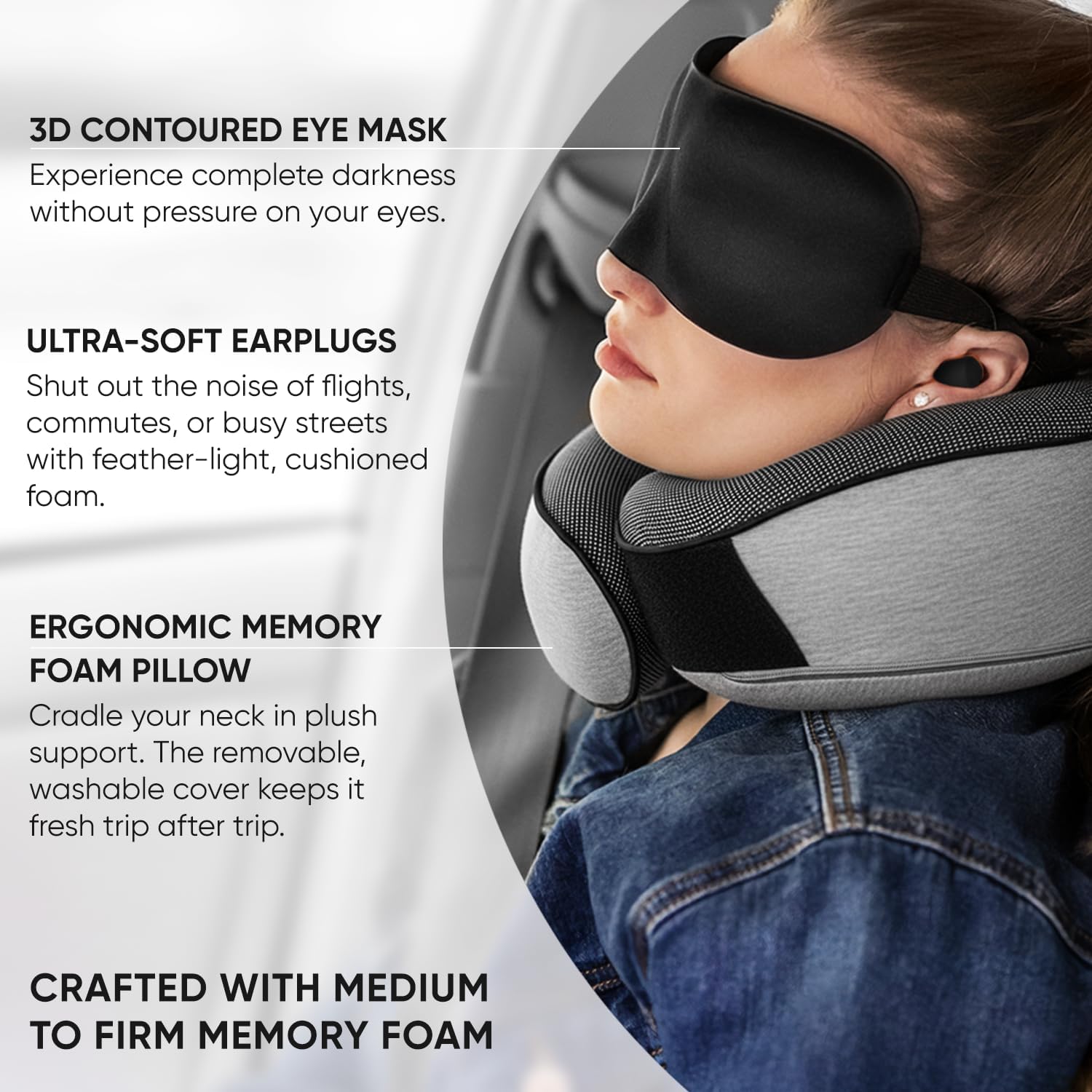 Detalle 2 de Proglobe Travel Pillow Set: Memory Foam Neck Pillow with Eye Mask, Earplugs & Mesh Bag (Grey)