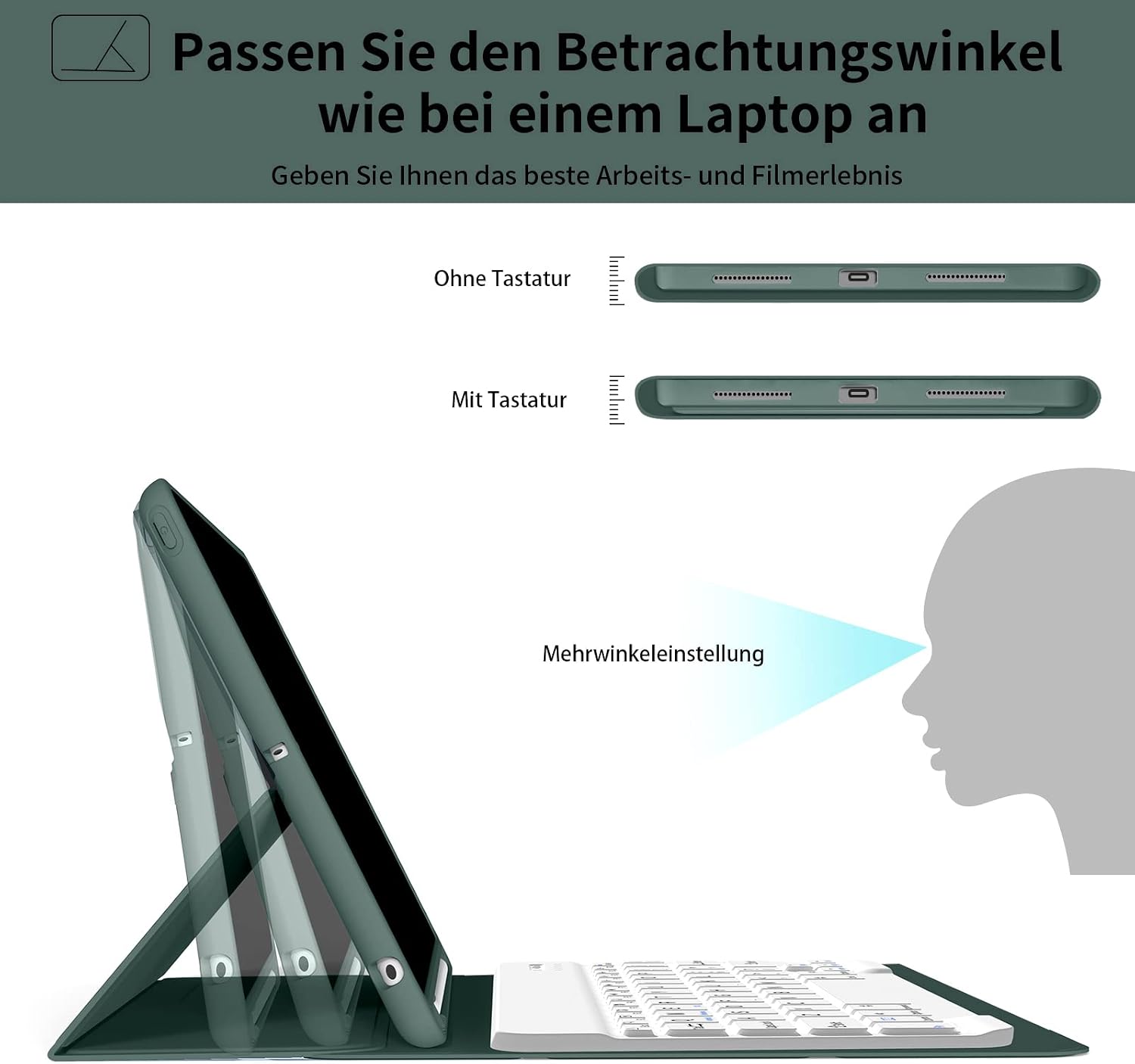 Thumbnail 6 de ZOYU Hülle mit Tastatur für iPad 9/8/7 (10,2 Zoll) – QWERTZ Bluetooth-Folio in Dunkelgrün