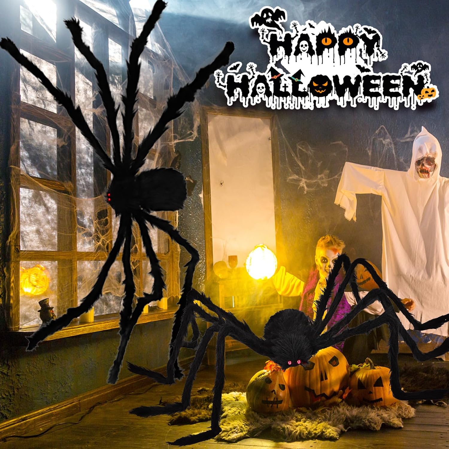 Detalle de Aiduy HZZ Halloween Spider Decorations, 2-Pack 79-Inch Black Hairy Spiders