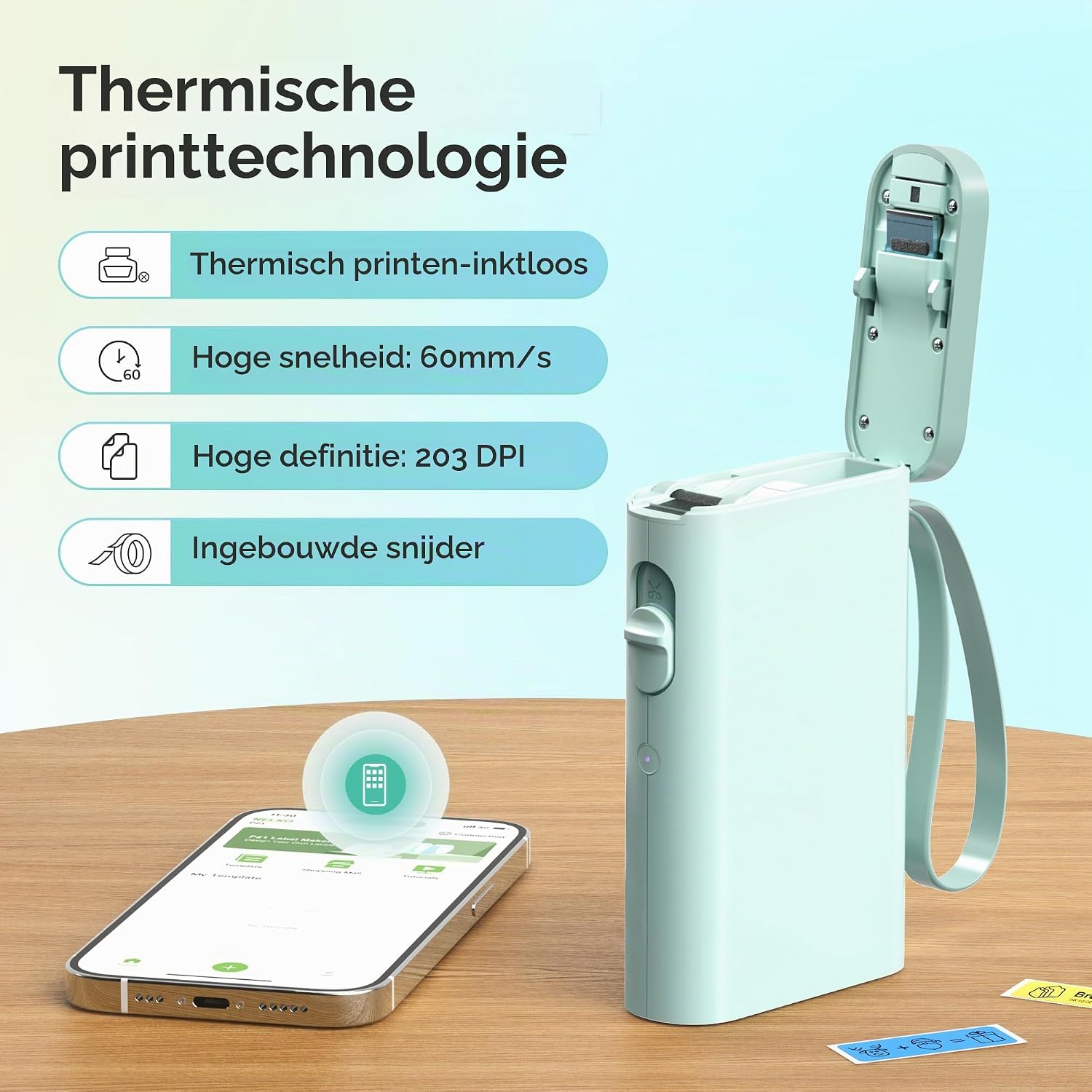 Detalle de Nelko P21 labelprinter: draagbaar, Bluetooth en thermisch zwart-wit