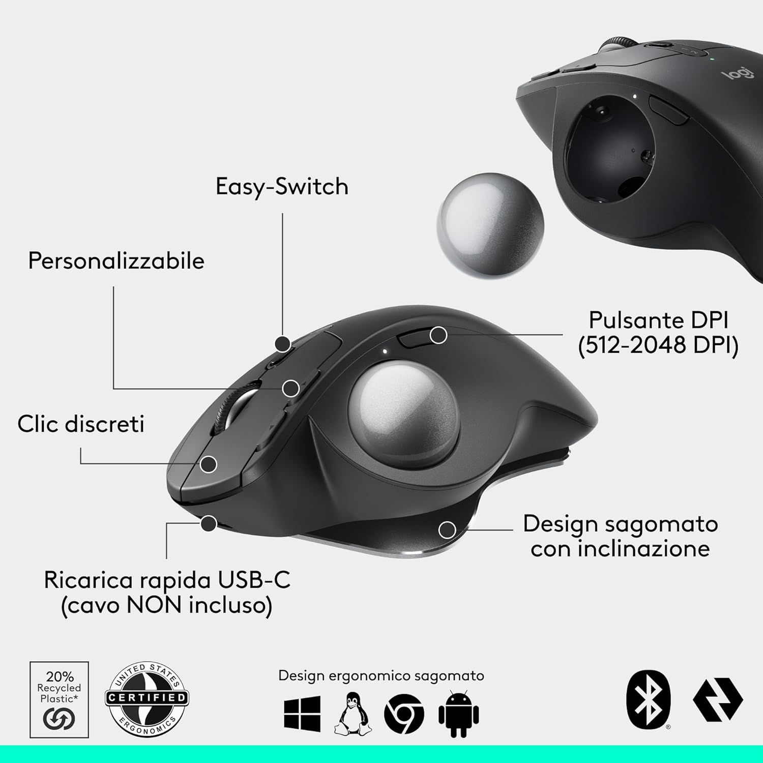 Thumbnail 5 de Logitech MX Ergo S: mouse trackball wireless avanzato, ergonomico e ricaricabile con Bluetooth e dongle criptato