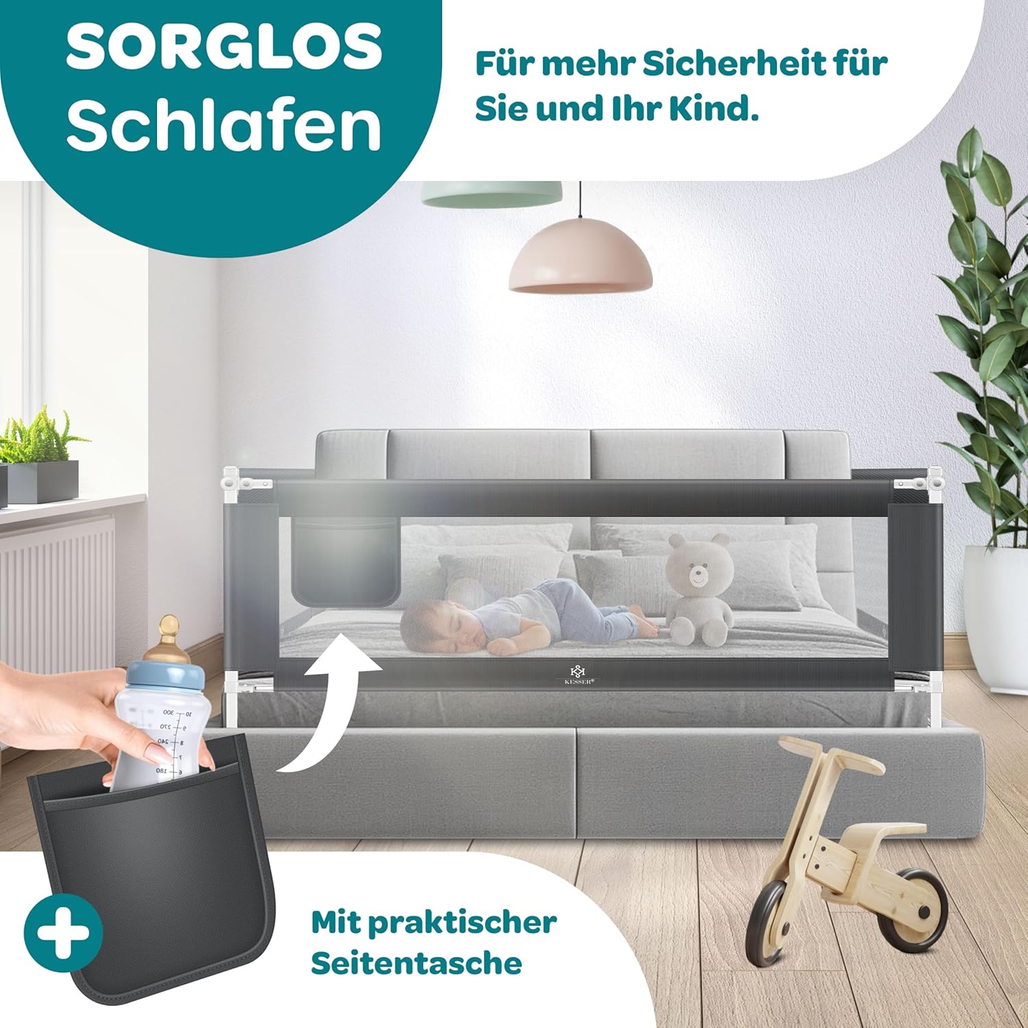 Thumbnail 5 de KESSER® Bettschutzgitter 200 cm – klapp- & höhenverstellbares Kinderbett Schutzgitter mit Mesh Netz, Dunkelgrau