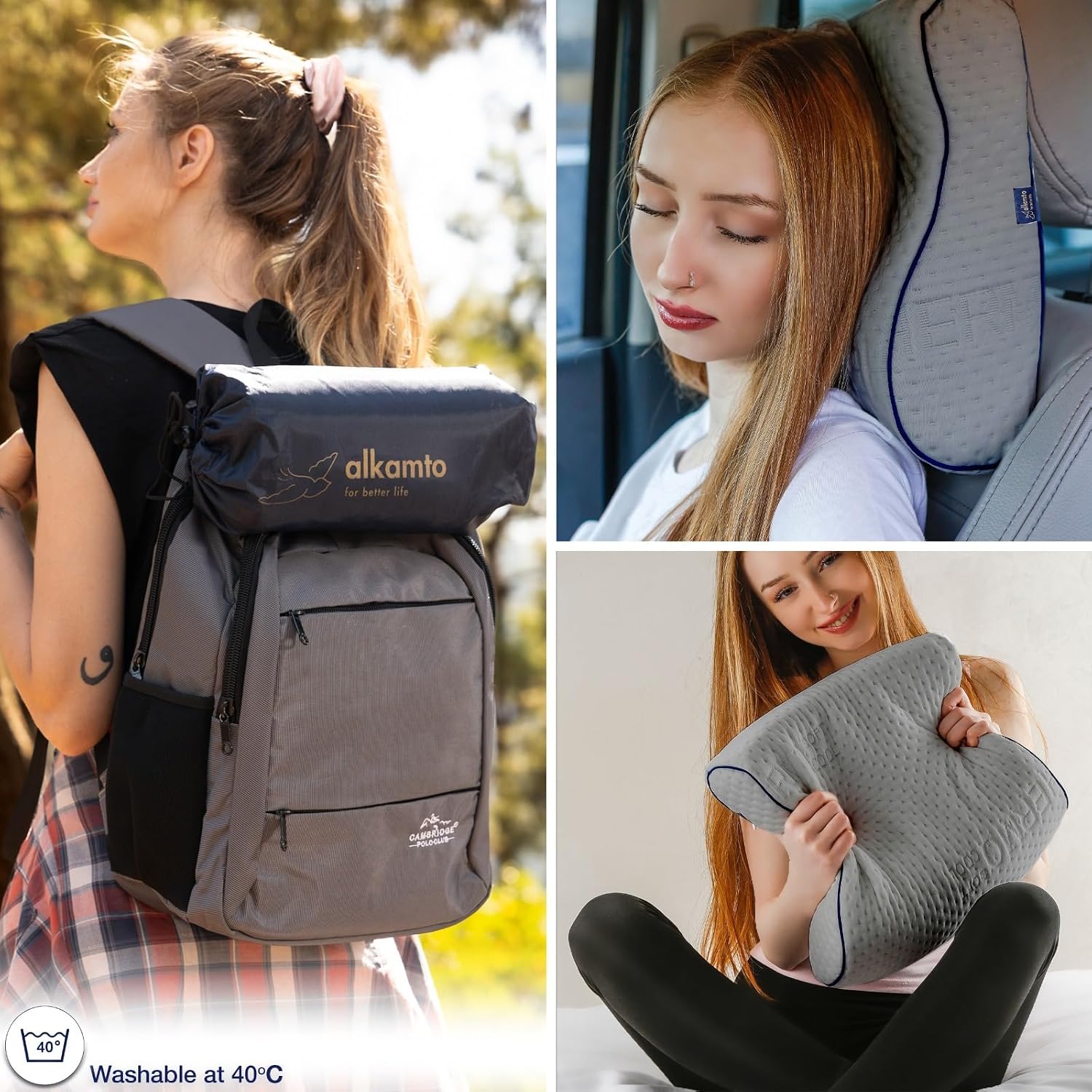 Detalle de Alkamto Cuscino da viaggio in memory foam con supporto ergonomico e federa termoregolante, grigio