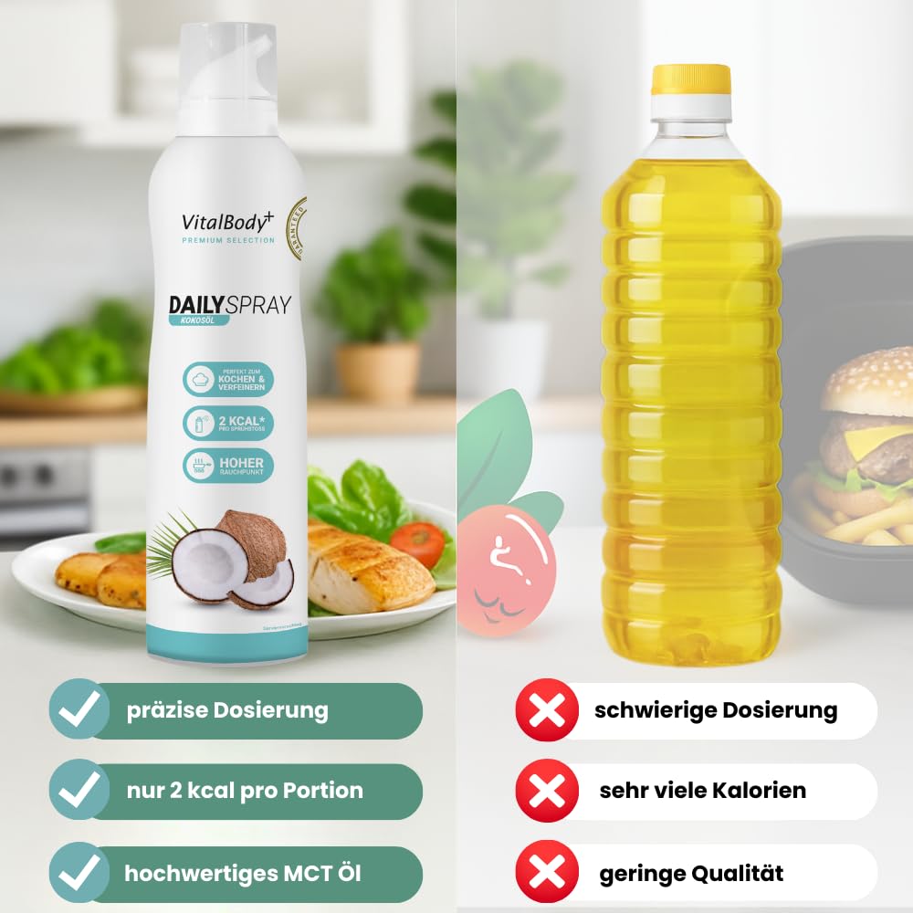 Thumbnail 6 de VitalBody+ DailySpray MCT Kokosöl – Kalorienarmes Ölspray (4er Pack, 3200 Portionen) für Airfryer, Braten & Grillen