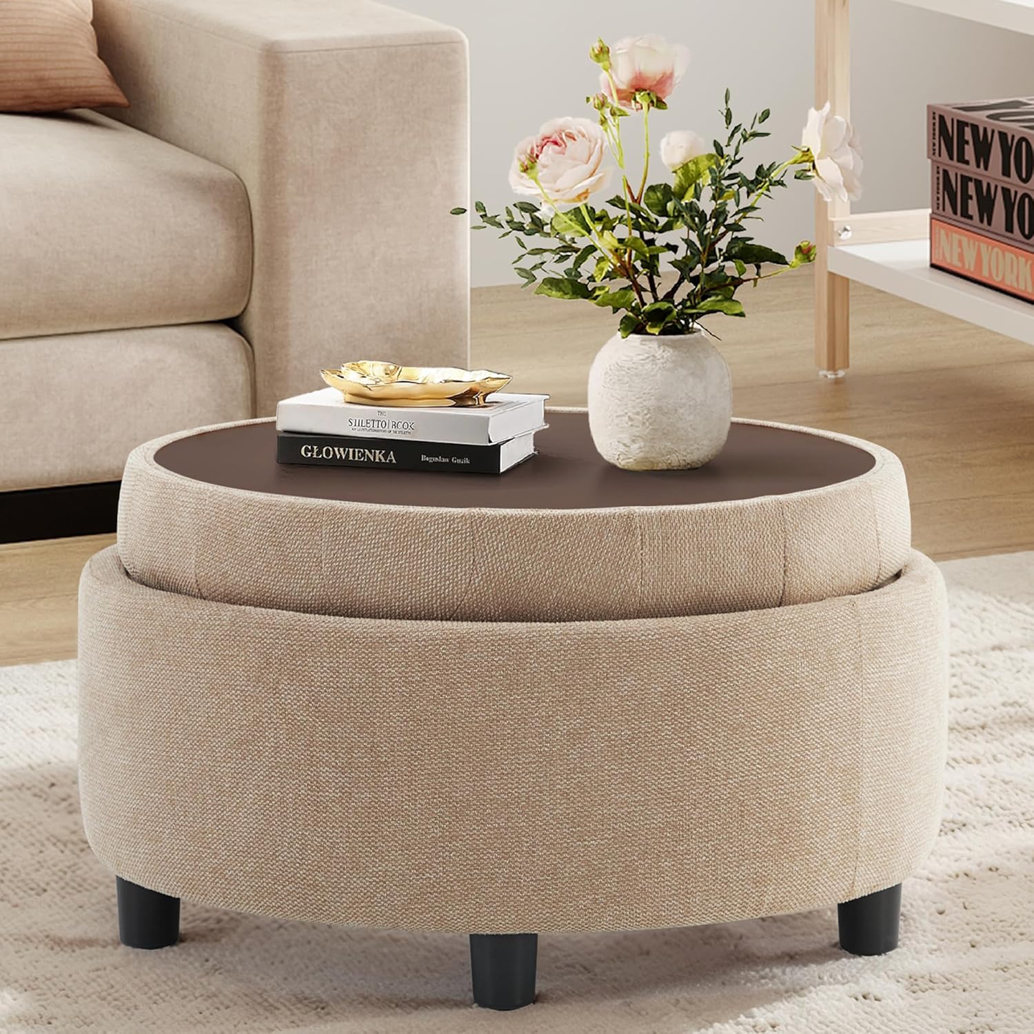 Detalle de COLAMY VC-K311-CAM-FB Round Storage Ottoman with Reversible Tray Lid, Camel