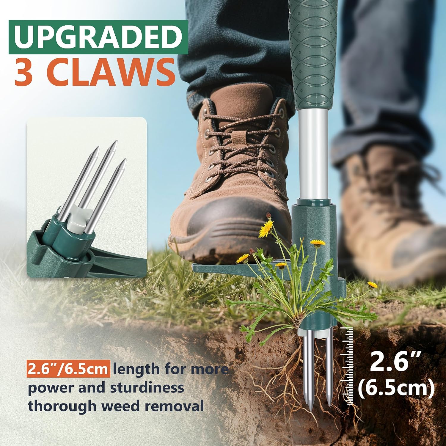 Detalle de ORIENTOOLS Weed Puller Stand Up Weeder with 3 Claws — 39.4" Long, Forest Green
