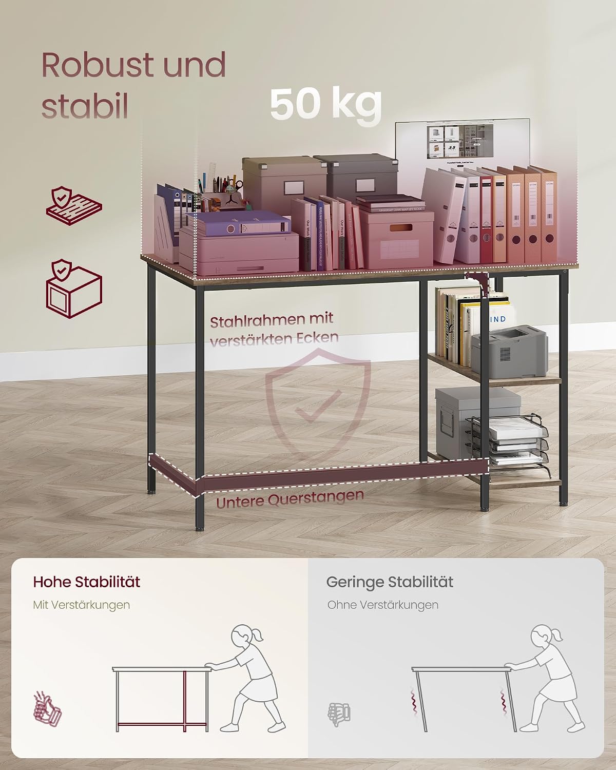 Detalle 2 de VASAGLE Tisch LWD47MB – Computertisch, 120 x 60 cm, Greige-Schwarz